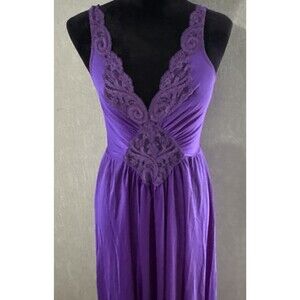 Vintage Olga Nightgown M Purple Lace Deep V Maxi Long Nylon USA 92270